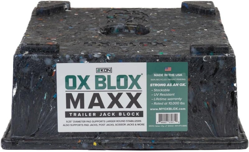 Ekon OX BLOX MAXX Heavy Duty Trailer Jack Block - 10,000 lbs. Capacity - 10.5x10.5x4.5 Inches - 6.8 lbs Weight - 5th Wheel RV Jack Block for 9" Round Feet - 9" and Smaller Feet Nest Securely Within Ridges - Image 1